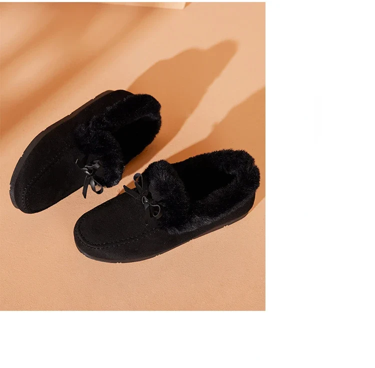 Women Winter Casual Shoes New Moccasins Soft Flat Non-slip Loafers Fashion Comfort Warm Plush Bow Slip on Female Cotton Shoes