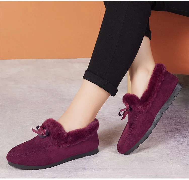 Women Winter Casual Shoes New Moccasins Soft Flat Non-slip Loafers Fashion Comfort Warm Plush Bow Slip on Female Cotton Shoes