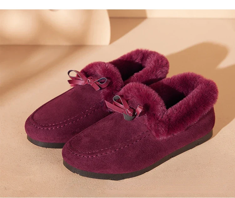 Women Winter Casual Shoes New Moccasins Soft Flat Non-slip Loafers Fashion Comfort Warm Plush Bow Slip on Female Cotton Shoes