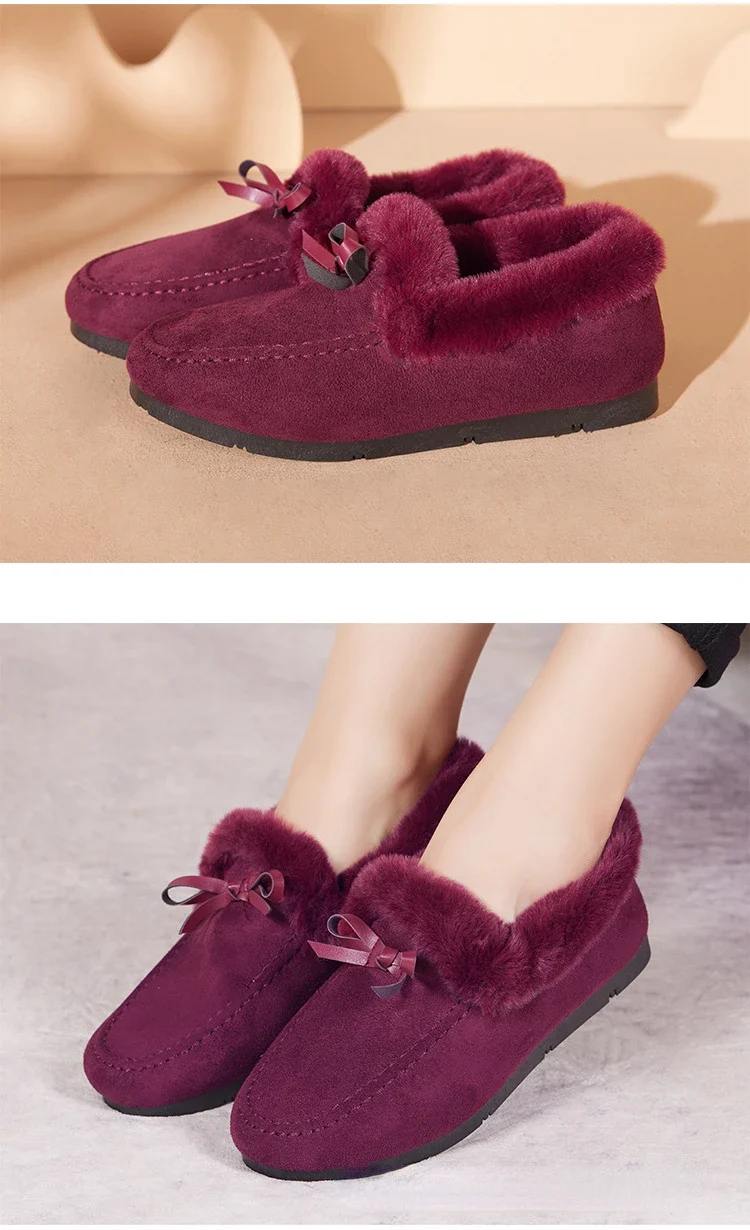 Women Winter Casual Shoes New Moccasins Soft Flat Non-slip Loafers Fashion Comfort Warm Plush Bow Slip on Female Cotton Shoes