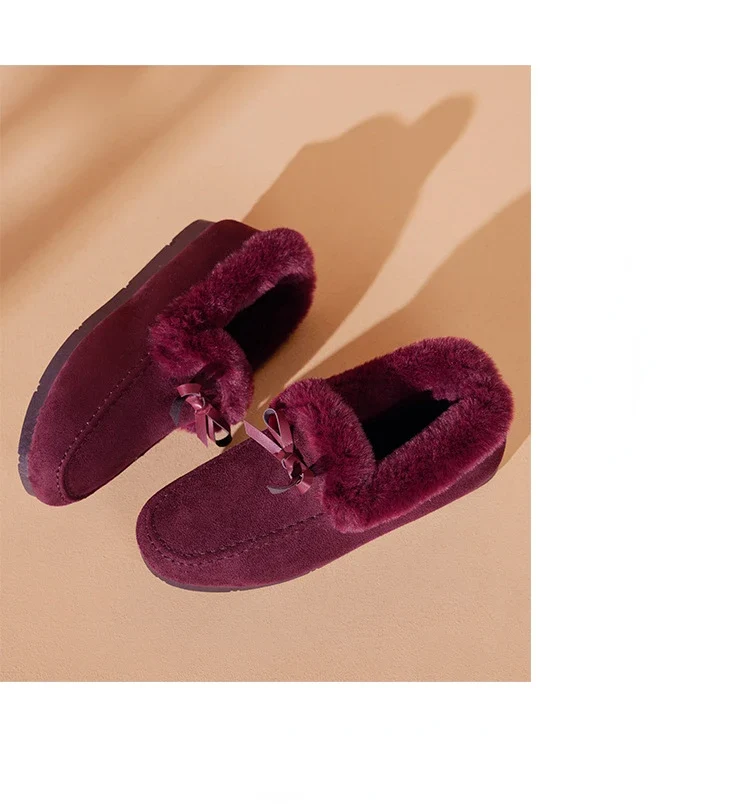 Women Winter Casual Shoes New Moccasins Soft Flat Non-slip Loafers Fashion Comfort Warm Plush Bow Slip on Female Cotton Shoes
