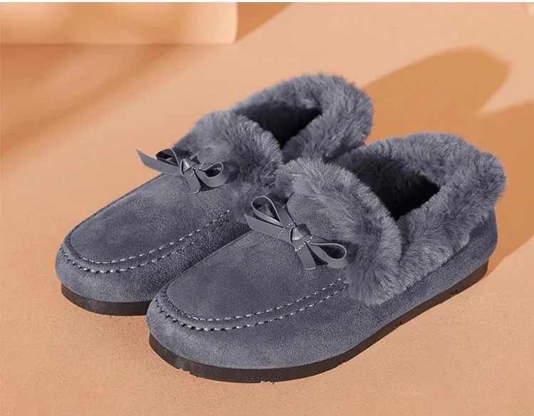 Women Winter Casual Shoes New Moccasins Soft Flat Non-slip Loafers Fashion Comfort Warm Plush Bow Slip on Female Cotton Shoes