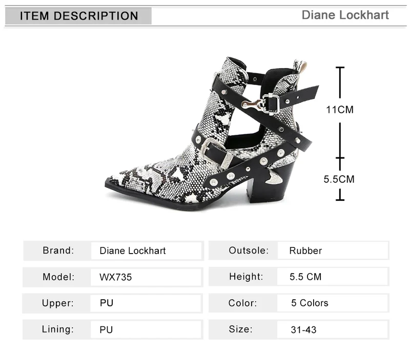Motorcycle Western Cowboy Boots Women Snake PU Leather Short Cossacks High Heels Pointed Cowgirl Booties Buckle Womens Shoes