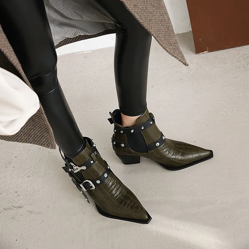 Motorcycle Western Cowboy Boots Women Snake PU Leather Short Cossacks High Heels Pointed Cowgirl Booties Buckle Womens Shoes