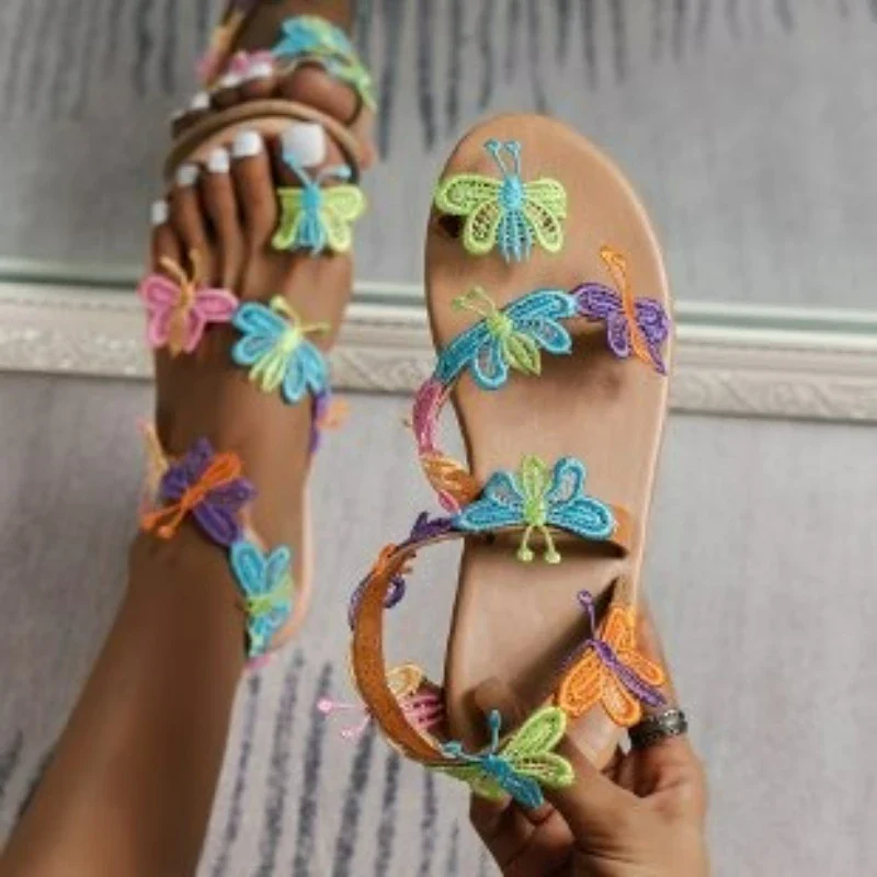 Summer New Women Sandals Flower Flat Sandals Bohemian Lightweight Sandals Outdoor Open Toe Sandal Plus Size Holiday Beach Shoes