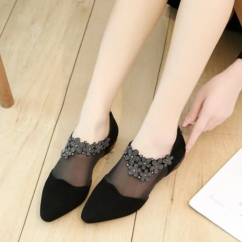 Women 2025 Summer Fashion Black Lace Rhinestone Sandals Flowers Low Heel Sandals Mesh Plus Size Sandalias Mujer Casual Shoes