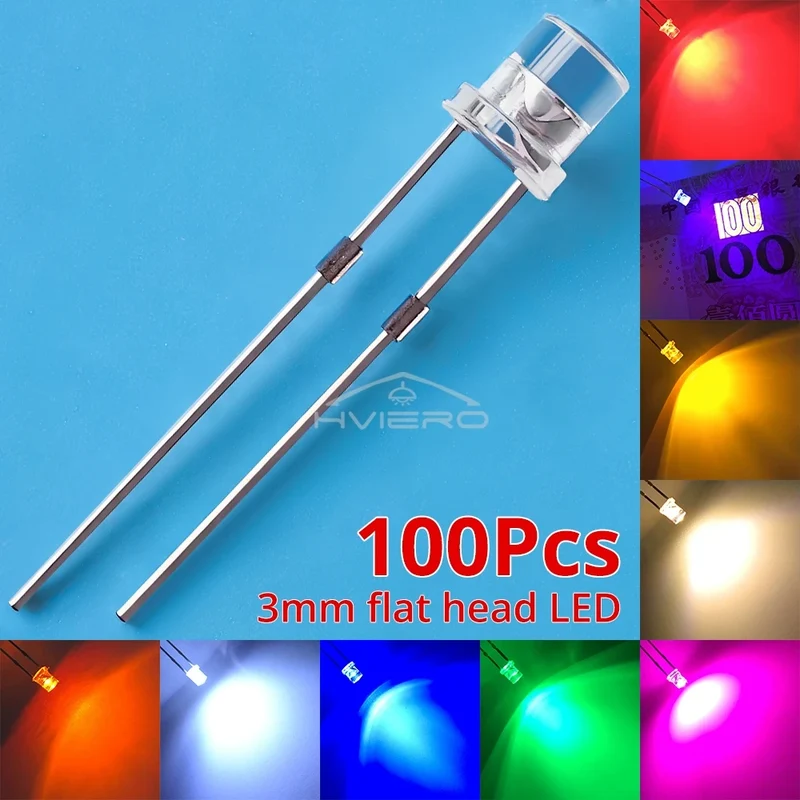 100Pcs F3 3mm 2pins Flat White Red Yellow Blue Green Pink Diode Led Wide Angle Light Emitting Diodes Lamp Ultra Bright LED Bulbs