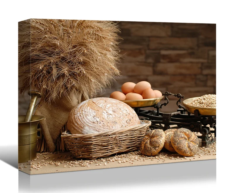 1pc Canvas Wall Art Bread Basket & Baked Goods Canvas Print Wall Art - Wheat, Flour & Assorted Breads, Ideal for Kitchen Decor