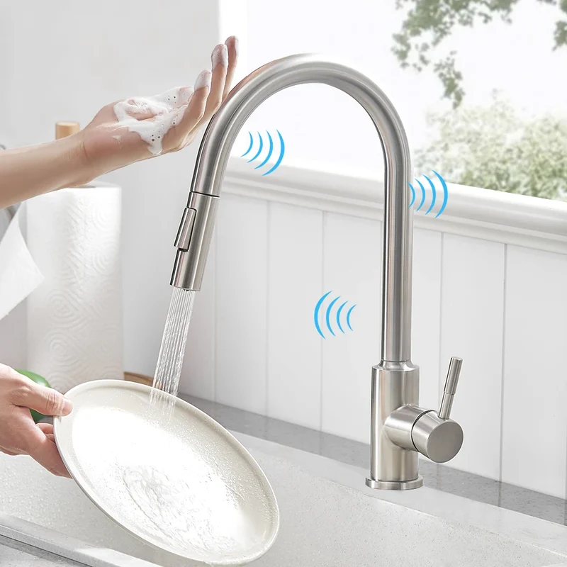 Touch Sensor Smart Kitchen Sink Faucet Flexible Pull Out Spout Deck-mount Hot Cold Water Mixers Kitchen Tap