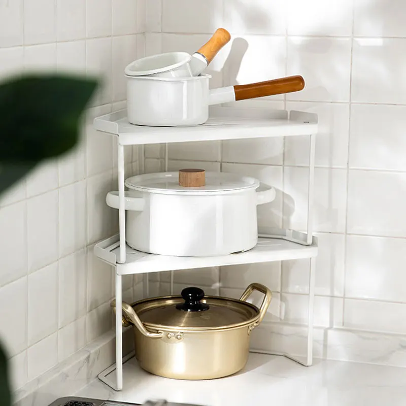 2 Tier Corner Countertop Organizer Stackable Save Space Storage Shelf Pot Spice Rack Under the Sink Holder for Kitchen Bathroom