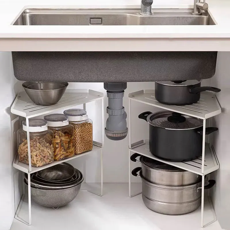 2 Tier Corner Countertop Organizer Stackable Save Space Storage Shelf Pot Spice Rack Under the Sink Holder for Kitchen Bathroom
