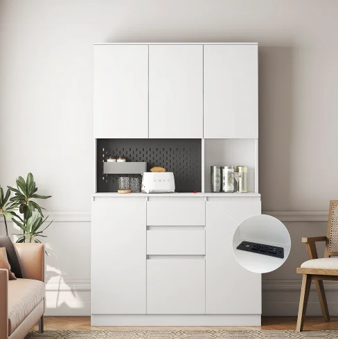 Modern 74-Inch Freestanding Buffet Cabinet Drawer Wood Sideboard Microwave Rack Kitchen Storage Charging Station Home Furniture