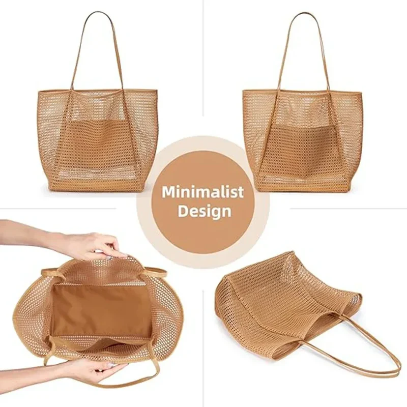 Beach Nylon Mesh Tote Bag, Casual Tote Bag Women Foldable Shoulder Bag For Beach Picnic Vacation
