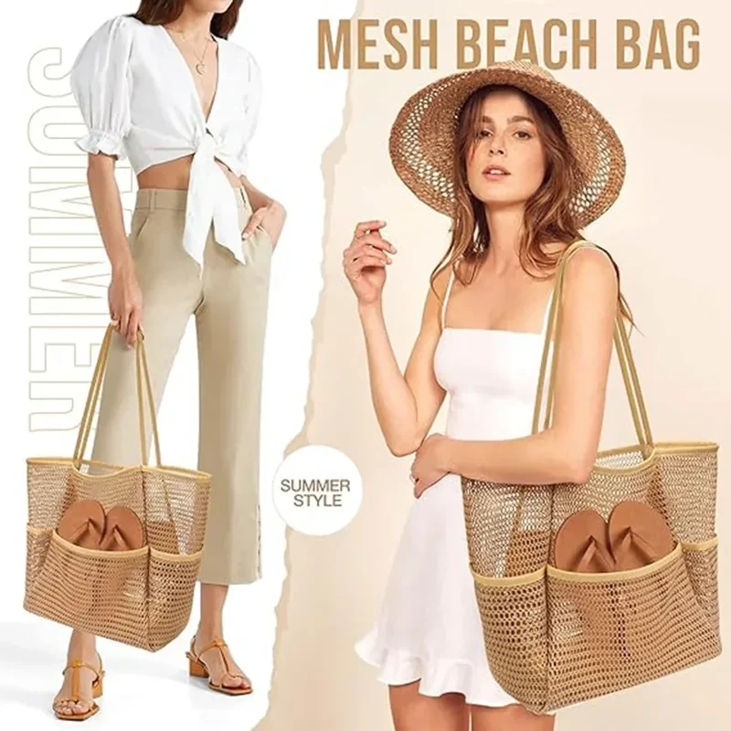 Beach Nylon Mesh Tote Bag, Casual Tote Bag Women Foldable Shoulder Bag For Beach Picnic Vacation
