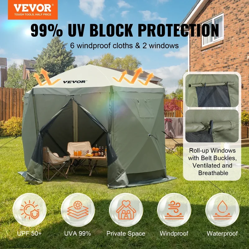 SucceBuy Pop Up Gazebo Tent, Pop-Up Screen Tent 6 Sided Canopy Sun Shelter with 6 Removable Privacy Wind Cloths & Mesh Windows