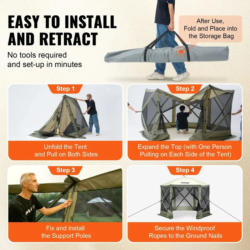 SucceBuy Pop Up Gazebo Tent, Pop-Up Screen Tent 6 Sided Canopy Sun Shelter with 6 Removable Privacy Wind Cloths & Mesh Windows