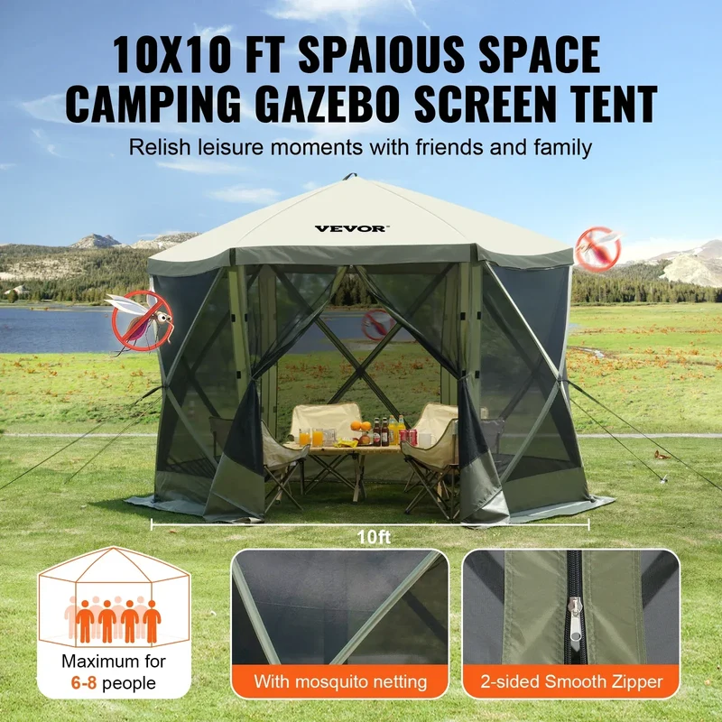 SucceBuy Pop Up Gazebo Tent, Pop-Up Screen Tent 6 Sided Canopy Sun Shelter with 6 Removable Privacy Wind Cloths & Mesh Windows