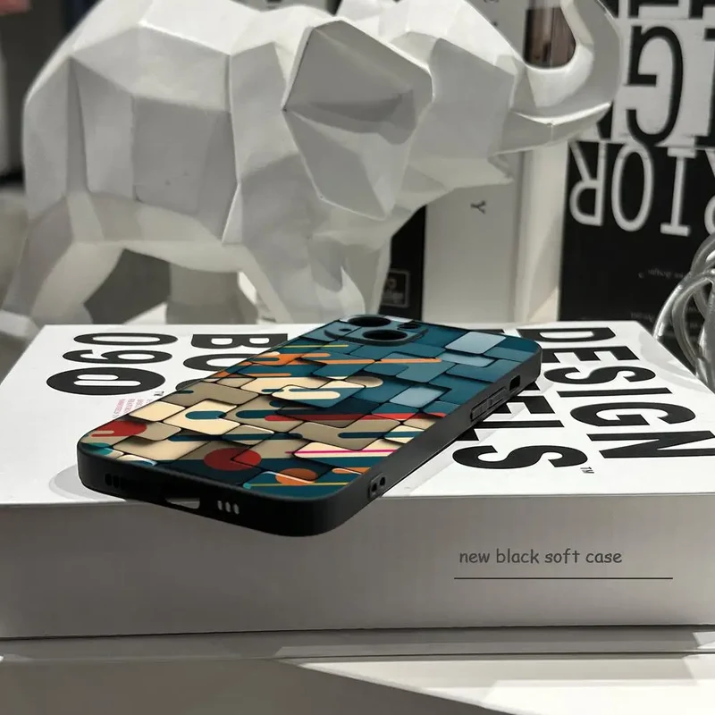 Men's cool creative cube Building Block IMD Phone Case FOR IPhone 16promax 14 11 12 Pro 8 7 15 Plus 13 Pro MAX XR XS Black Cover