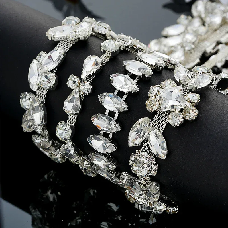 QIAO 90cm Rhinestone Crystal Chain Diamante Lace Diamond Trim Ribbon Necklace Applique Gem Sparkle Wedding Dress for DIY Craft