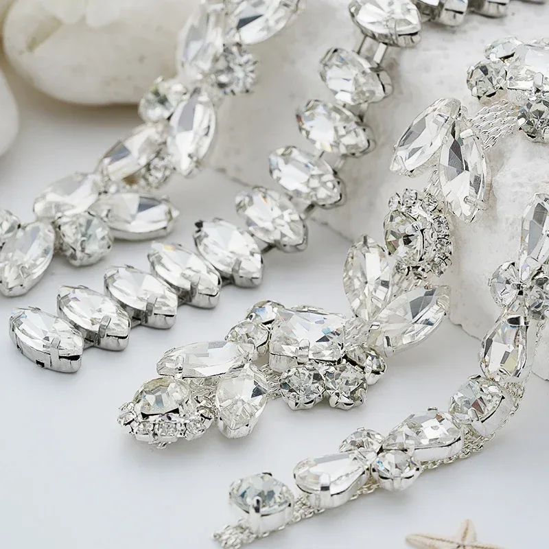 QIAO 90cm Rhinestone Crystal Chain Diamante Lace Diamond Trim Ribbon Necklace Applique Gem Sparkle Wedding Dress for DIY Craft