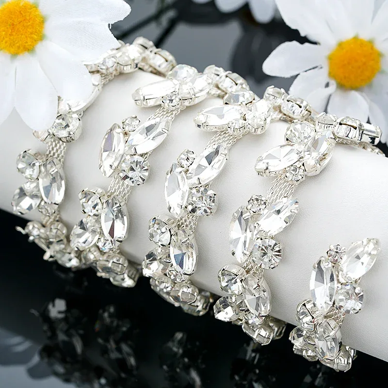 QIAO 90cm Rhinestone Crystal Chain Diamante Lace Diamond Trim Ribbon Necklace Applique Gem Sparkle Wedding Dress for DIY Craft
