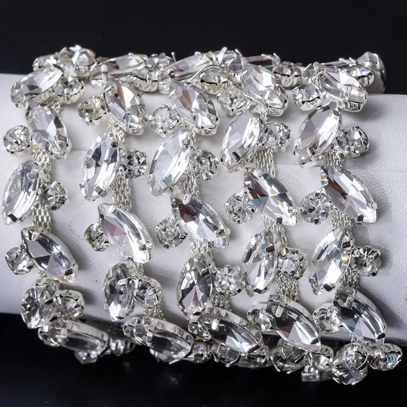 QIAO 90cm Rhinestone Crystal Chain Diamante Lace Diamond Trim Ribbon Necklace Applique Gem Sparkle Wedding Dress for DIY Craft