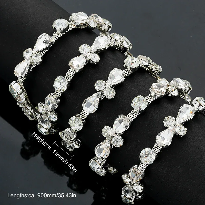 QIAO 90cm Rhinestone Crystal Chain Diamante Lace Diamond Trim Ribbon Necklace Applique Gem Sparkle Wedding Dress for DIY Craft