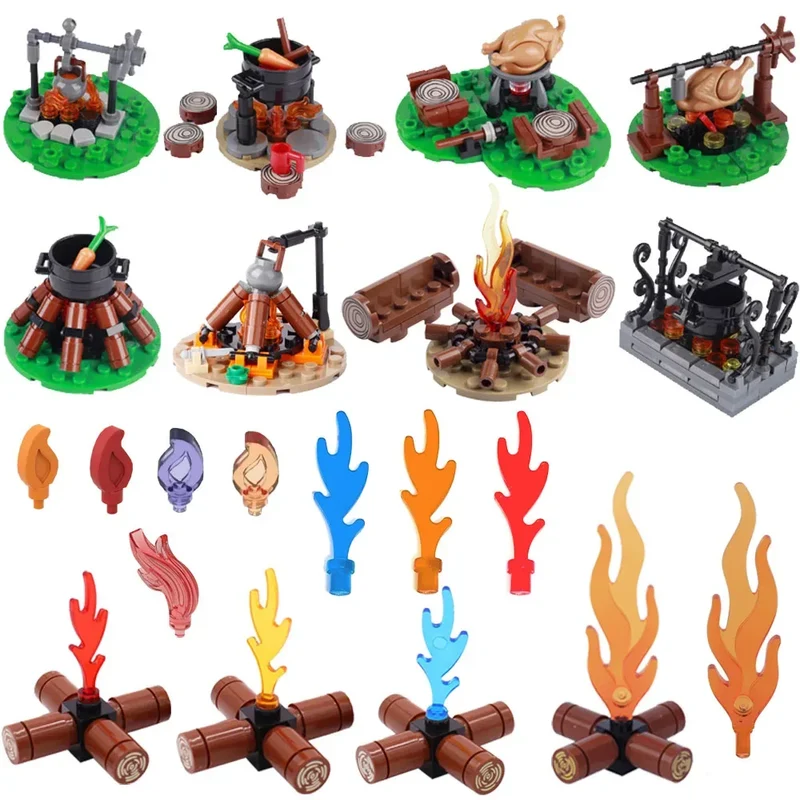 MOC Medieval Campfire Building Block Flame Wave Candle Transparent Wine Bottle Educational Toy Compatible Accessories Brick K054