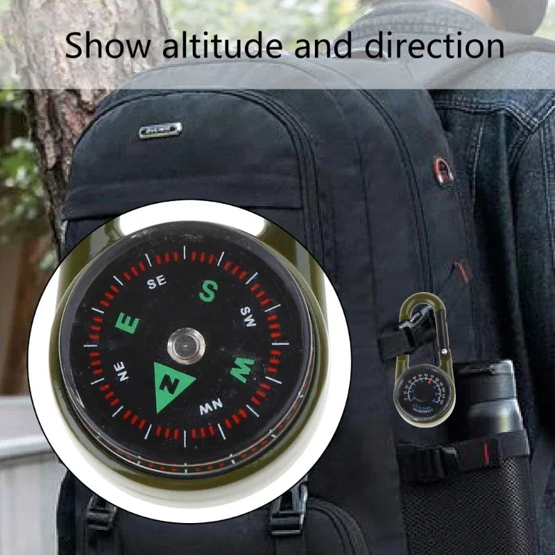 Outdoor Multifunctional Hiking Metal Carabiner Mini Compass Thermometer Keychain