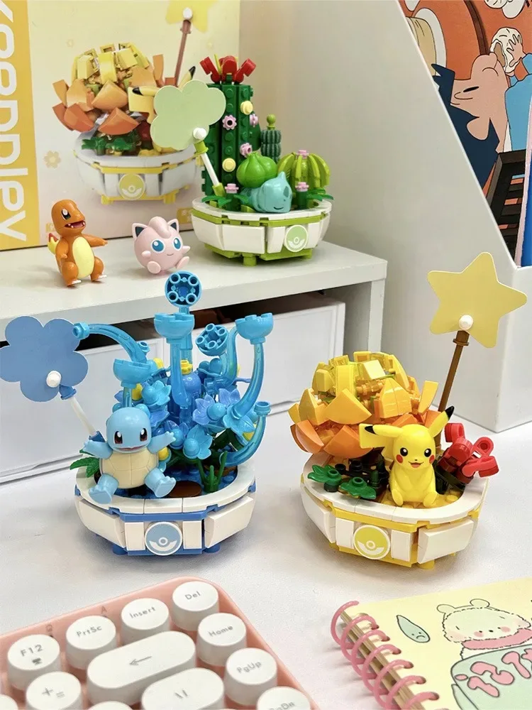 Pokemon Building Block Pikachu Charmander Squirtle Model Toy Home Decoration Plant Potted Flower Brick Girl Toy Child Gift