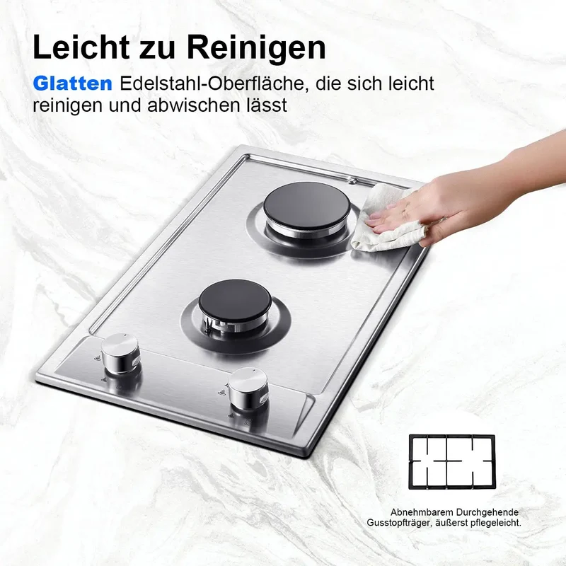 Stainless Steel Gas Hob Automatic Flame Protection 2 Bulbs | Dual Fuel Natural Gas/Propane Built-in/Freestanding 2400W 220-240V