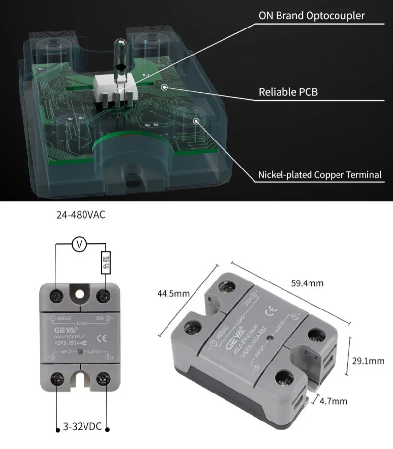 GEYA Single Phase Solid State Relay SSR 10DA 25DA 40DA Relay DC to AC 3-32V Input DC & 24-480VAC Output VSR8