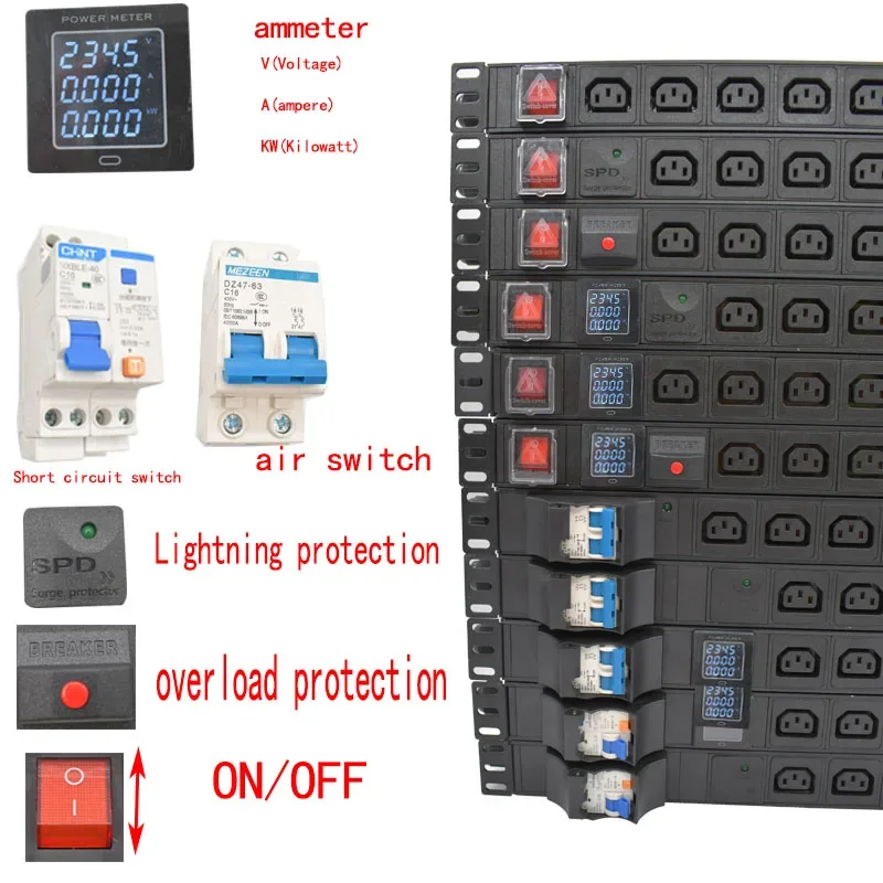 19 inches PDU SPD ammeter overload protection air switch Short circuit switch module power strip IEC-320 C13 output C14 PLUG