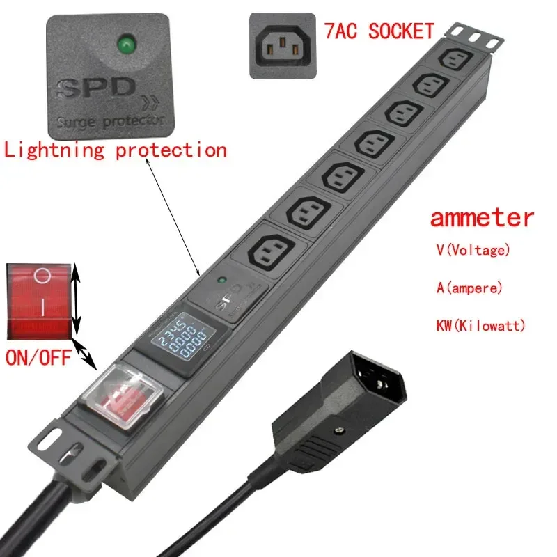 19 inches PDU SPD ammeter overload protection air switch Short circuit switch module power strip IEC-320 C13 output C14 PLUG