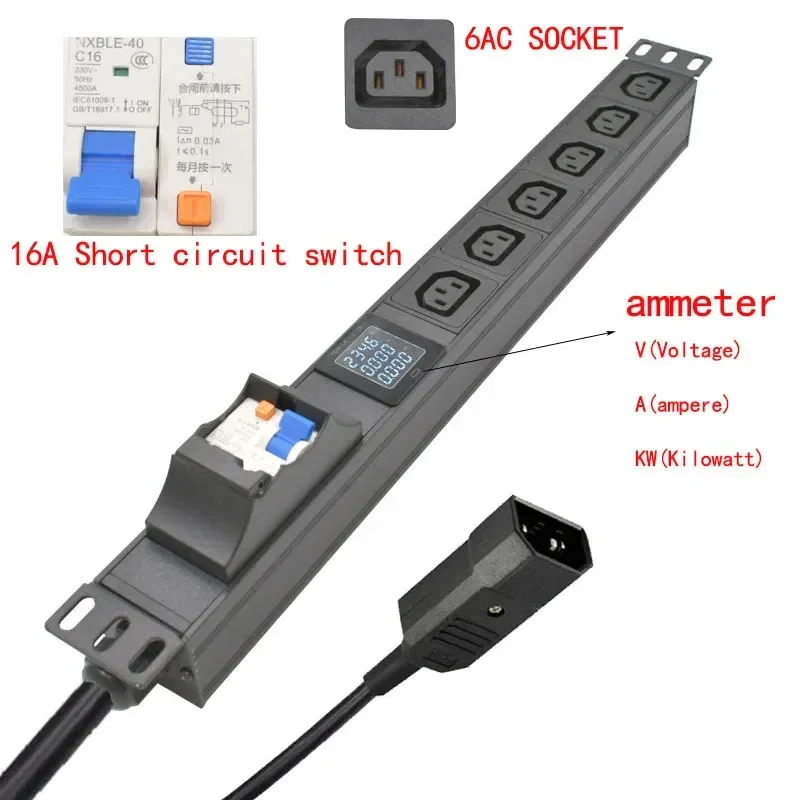 19 inches PDU SPD ammeter overload protection air switch Short circuit switch module power strip IEC-320 C13 output C14 PLUG