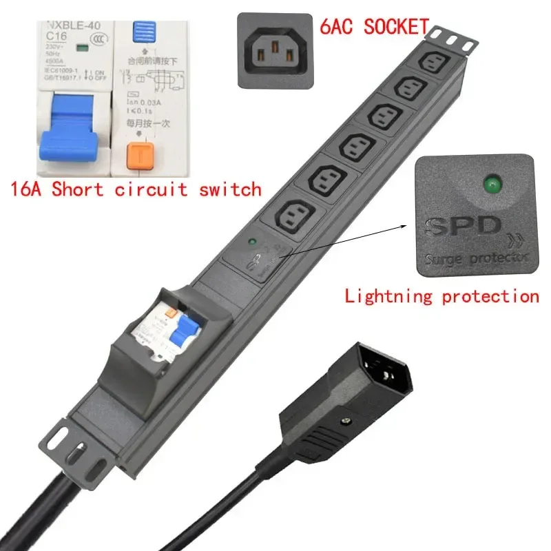 19 inches PDU SPD ammeter overload protection air switch Short circuit switch module power strip IEC-320 C13 output C14 PLUG