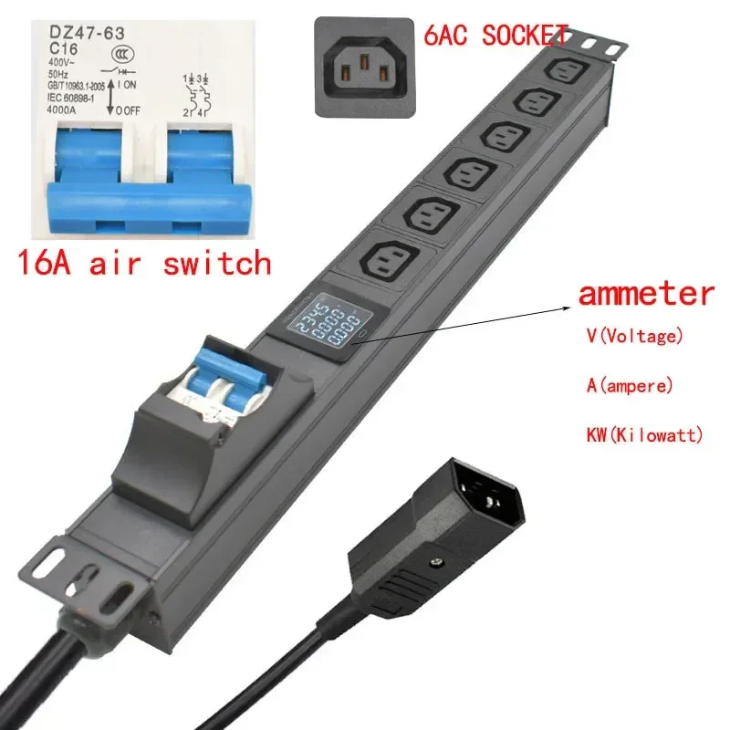 19 inches PDU SPD ammeter overload protection air switch Short circuit switch module power strip IEC-320 C13 output C14 PLUG