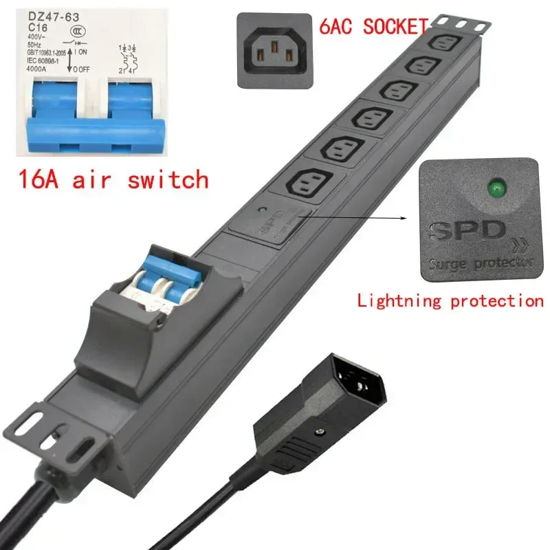 19 inches PDU SPD ammeter overload protection air switch Short circuit switch module power strip IEC-320 C13 output C14 PLUG