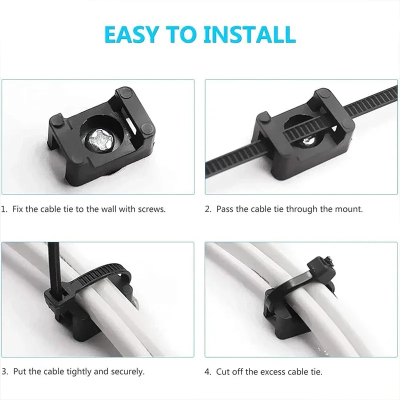 100PCS Cable Tie Mount Clips Saddle Type Cable Zip Ties Base Mount Screw Fixing Wire Holder Organizer Retardant Black 15x10mm