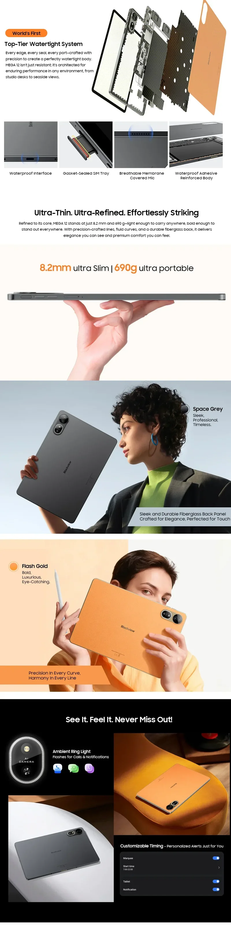 Blackview MEGA 12 Tablet 5G 12.2" 2.4K 120Hz Display Dimensity 7200 CPU IP69K Waterproof 50MP Camera 10000mAh Pad PC