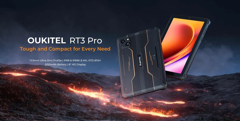 OUKITEL RT3 PRO 8-inch HD Rugged Tablet 13.9mm Ultra-Slim Profile IP68 &IP69K & MIL-STD-810H, 16(4+12)GB +128GB, 5150mAh Battery
