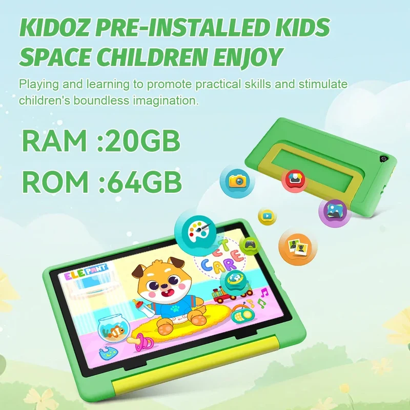 Kid Tablet 10Inch Android15 20GB RAM 64GB ROM 128GB Expandable 5000mAh 8-Core WiFi Bluetooth Children's Gift KIDOZ Kids Software