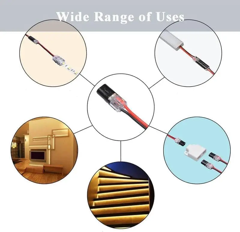 50 Pack 2 Pin Wire Connectors, Tool-Free No-Strip Quick Splice for LED Strip Lights, 22–18 AWG