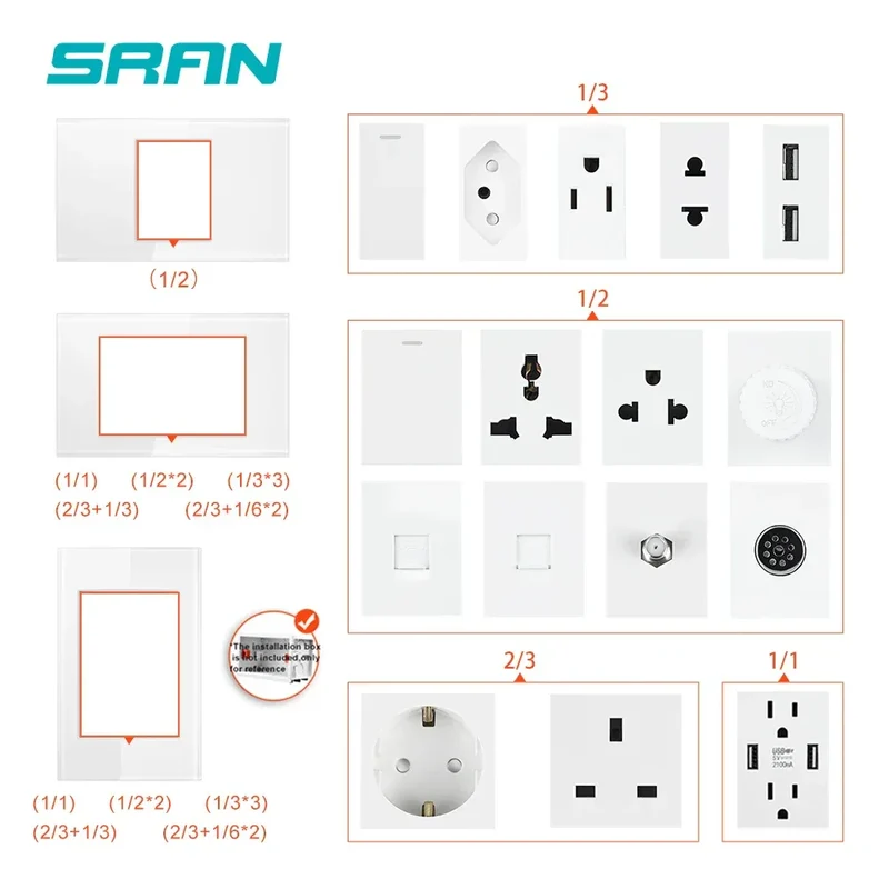 SRAN EU BR AU US standard Dimmer switch and 1 gang switch 16A Wall switch for home improvement tempered glass panel 118*72mm