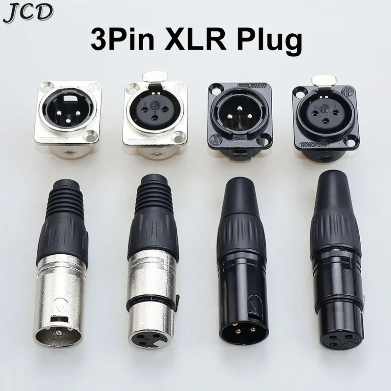 JCD XLR 3Pin Male/Female Microphone Audio Cable Plug Panel Pure Black Silver Copper Gold-Plated XLR Connector Socket