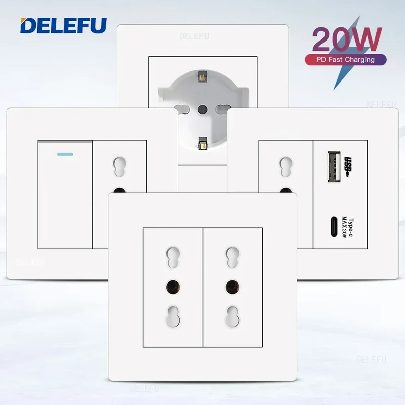 DELEFU86 PC White Flame Retardant Panel Italy Standard Wall Socket USB Type C Socket German Italian Socke EU Socket