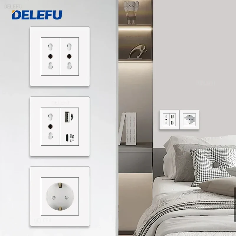 DELEFU86 PC White Flame Retardant Panel Italy Standard Wall Socket USB Type C Socket German Italian Socke EU Socket