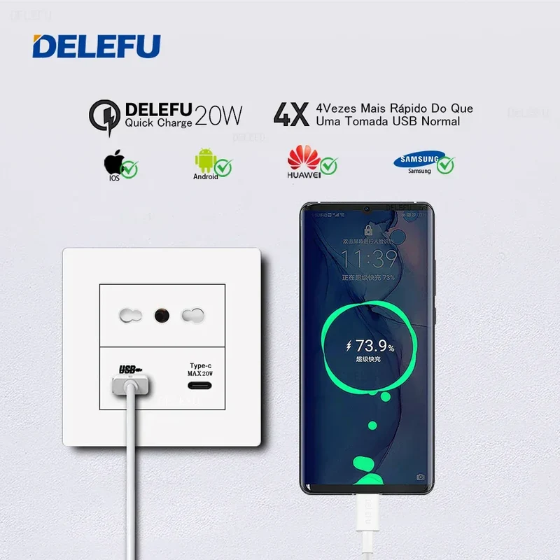 DELEFU86 PC White Flame Retardant Panel Italy Standard Wall Socket USB Type C Socket German Italian Socke EU Socket