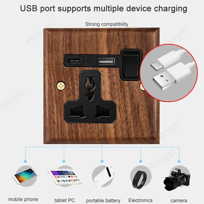 Black walnut retro European retro wall lamp switch socket, solid wood brass toggle switch board 1-4Gang 2Way antique home switch