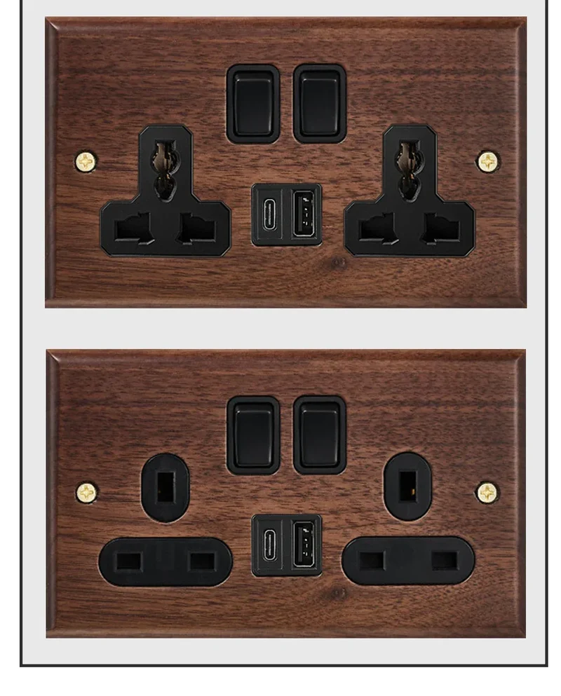 Black walnut retro European retro wall lamp switch socket, solid wood brass toggle switch board 1-4Gang 2Way antique home switch